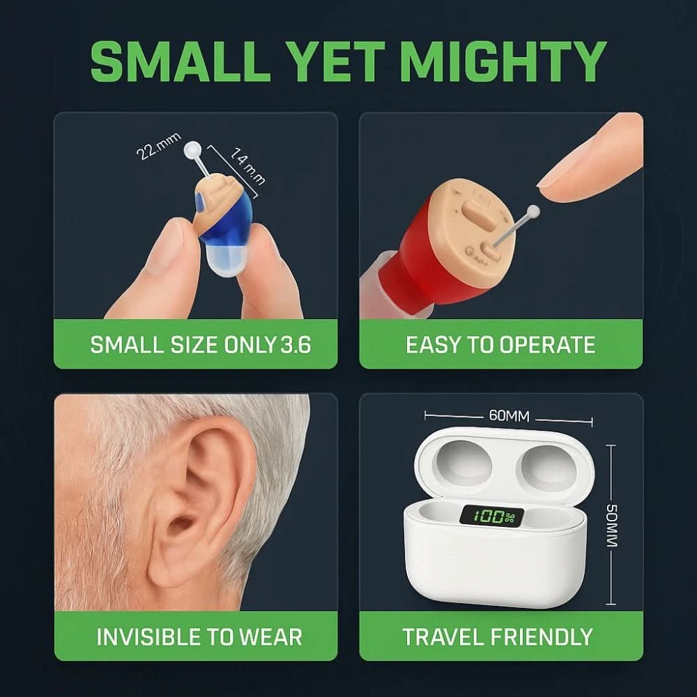 Zwei unsichtbare In-Ear Hörgeräte (Unisex) für diskretes, klares & komfortables Hören.