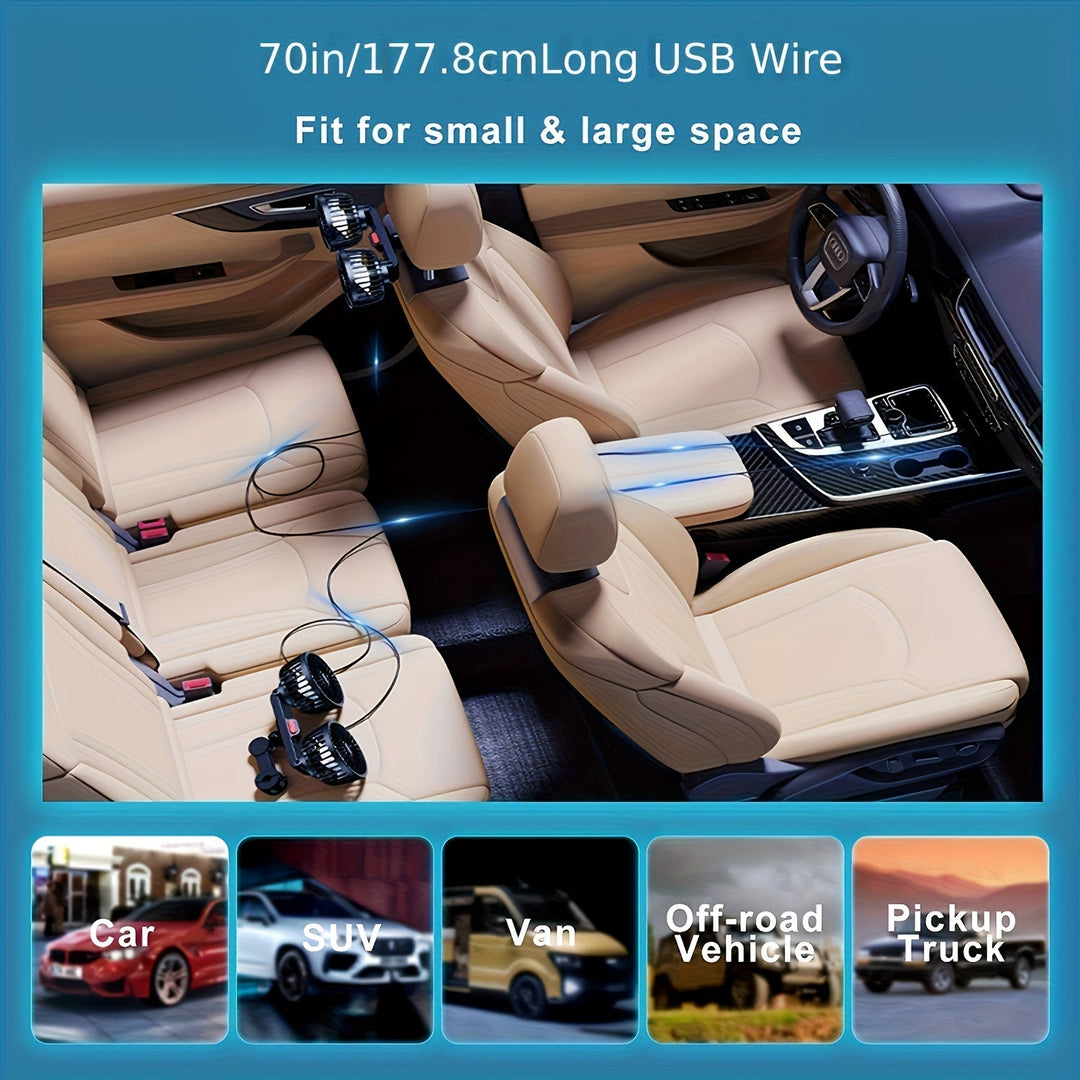 Praktischer Kopfstützenventilator, USB Doppellüfter, 360° drehbar, ideal für mobile Kühlung im Auto.