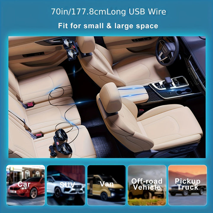Praktischer Kopfstützenventilator, USB Doppellüfter, 360° drehbar, ideal für mobile Kühlung im Auto.