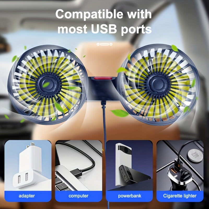 Unverzichtbares Reise Zubehör: USB Doppellüfter fürs Auto, 360° drehbar, für mobile Kühlung und Komfort.