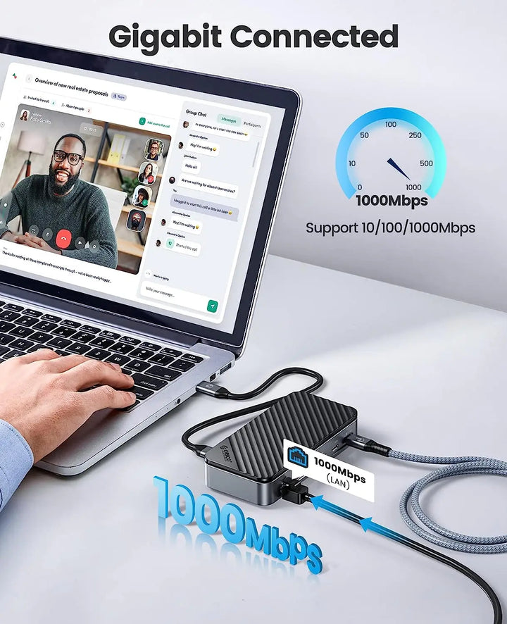 Leistungsstarker USB-C Pro Hub 10-in-1 mit NVMe/SATA SSD-Gehäuse und aktivem Lüfter für professionelle Nutzung.