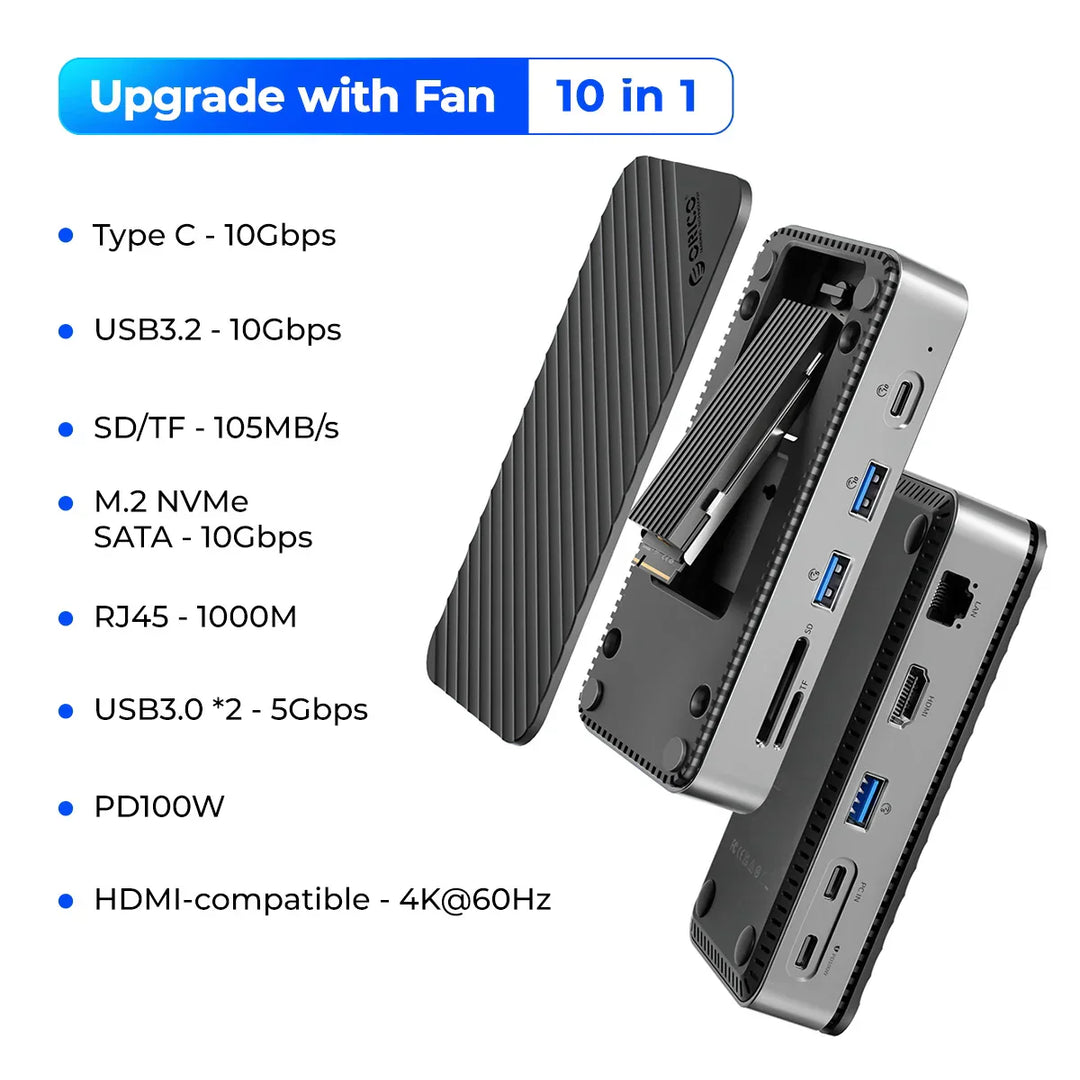 Hochwertige 10-in-1 USB-C Dockingstation mit integriertem SSD-Gehäuse, Kühlung & Multiadapter-Funktion.