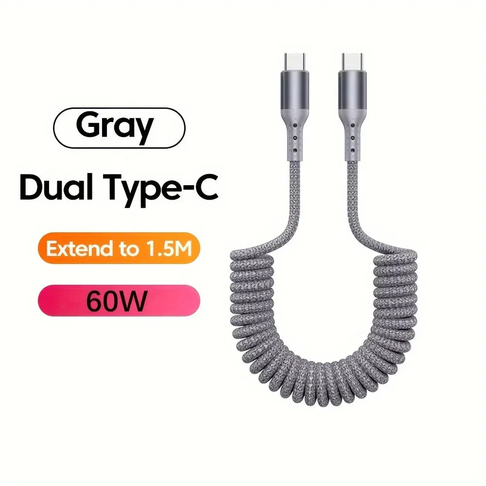 Schwarzes 100W USB-C Federkabel mit robusten Steckern, ideal für Handy & Tablet Schnellladung.