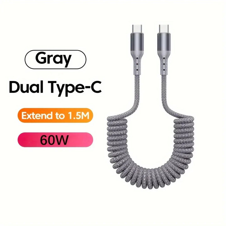 Schwarzes 100W USB-C Federkabel mit robusten Steckern, ideal für Handy & Tablet Schnellladung.