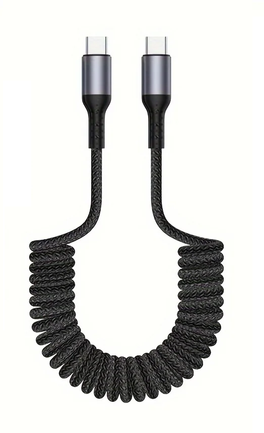 Vielseitiges USB-C Ladekabel 100W Feder-Design, kompatibel mit Smartphone, Tablet und Powerbank.