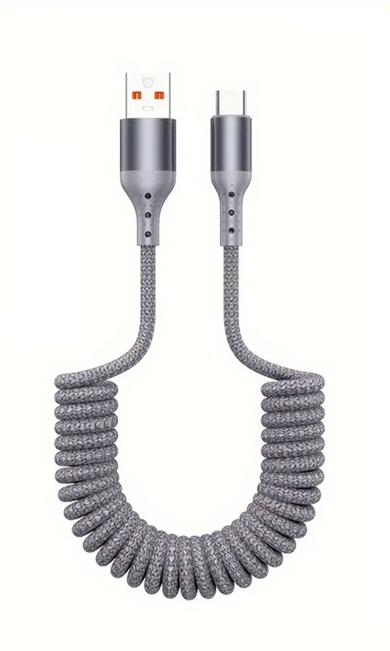 Praktisches USB-C Federkabel 100W FlexCharge, optimal für den Einsatz am Schreibtisch oder im Fahrzeug.