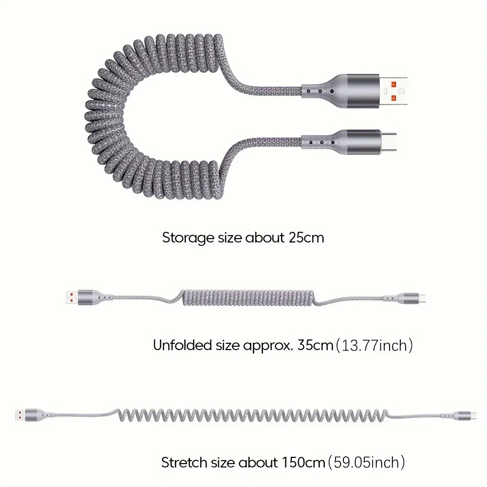 Flexibles 100W USB-C Federkabel, ideal für schnelles Aufladen von Handys im Auto & unterwegs.