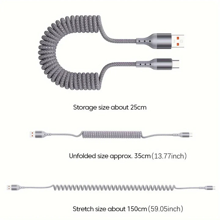 Flexibles 100W USB-C Federkabel, ideal für schnelles Aufladen von Handys im Auto & unterwegs.
