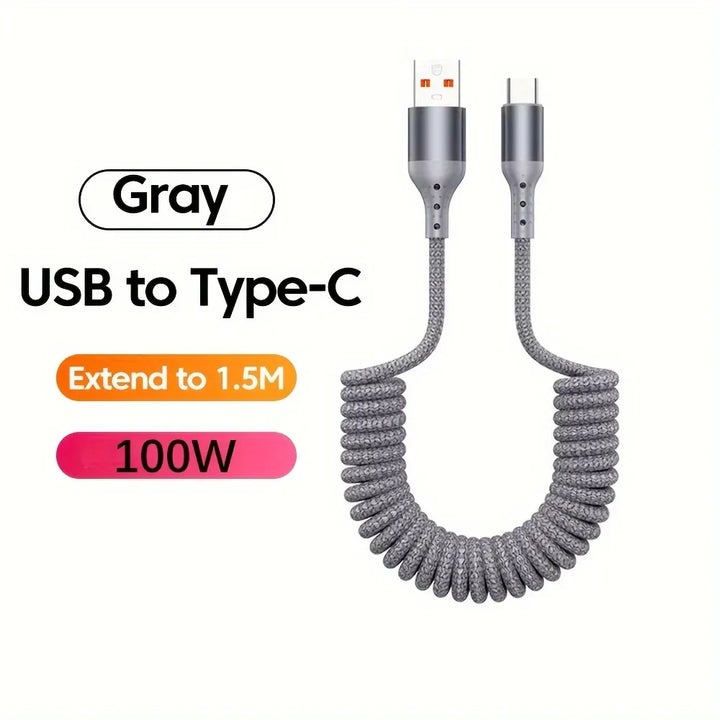 Kompaktes 100W USB-C Feder-Schnellladekabel FlexCharge, perfekt als Zubehör für unterwegs.
