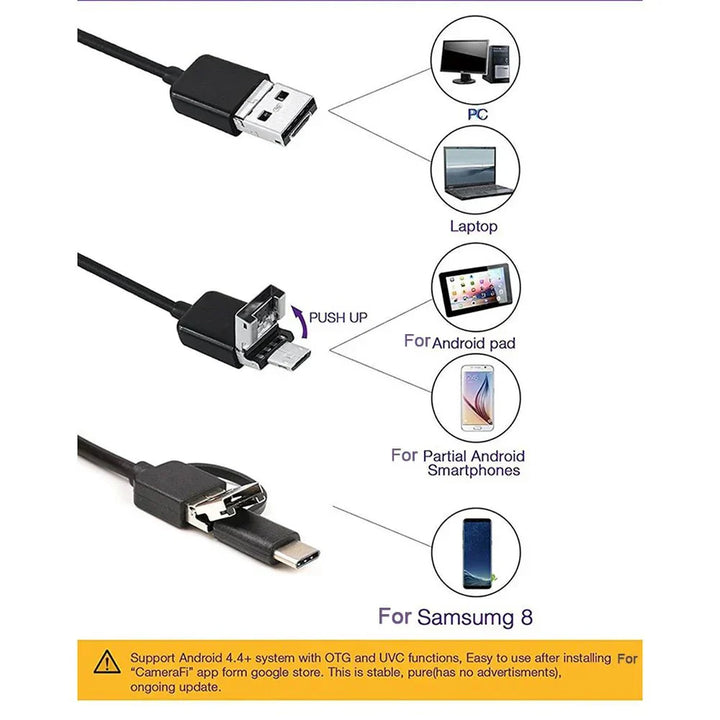 Flexible USB-Endoskopkamera mit integrierten LEDs für präzise Sicht in dunklen und engen Inspektionsbereichen.