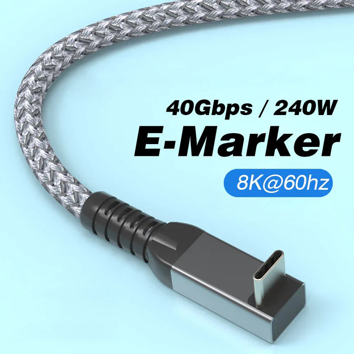 Ergonomisches USB4 90° USBC Kabel für schnelle Datenübertragung (40Gbps) und 240W Power Delivery.