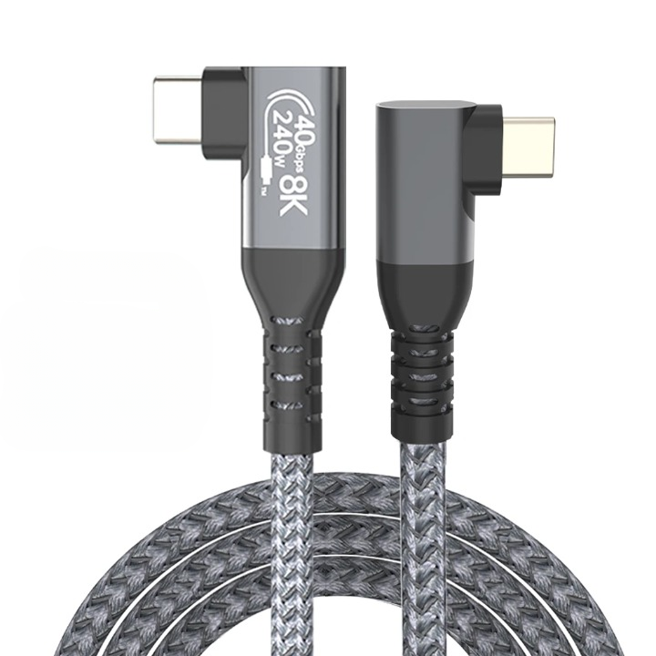 Detailaufnahme des USB4 90° Winkelkabels (Typ-C). Unterstützt 40Gbps Daten und 240W Power Delivery.