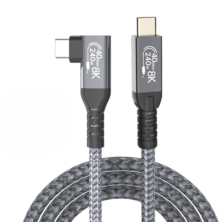Das USB4 90° Winkelkabel (USBC auf USBC) liefert 40Gbps Daten und 240W Ladeleistung für Geräte.