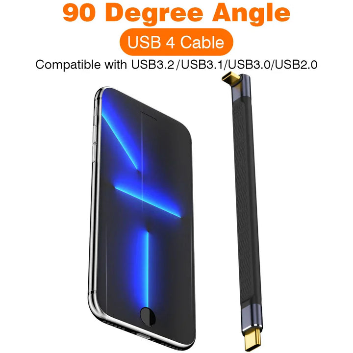 USB4 Flachkabel mit 90-Grad Winkelstecker. Für 240W Power Delivery und 40Gbps.