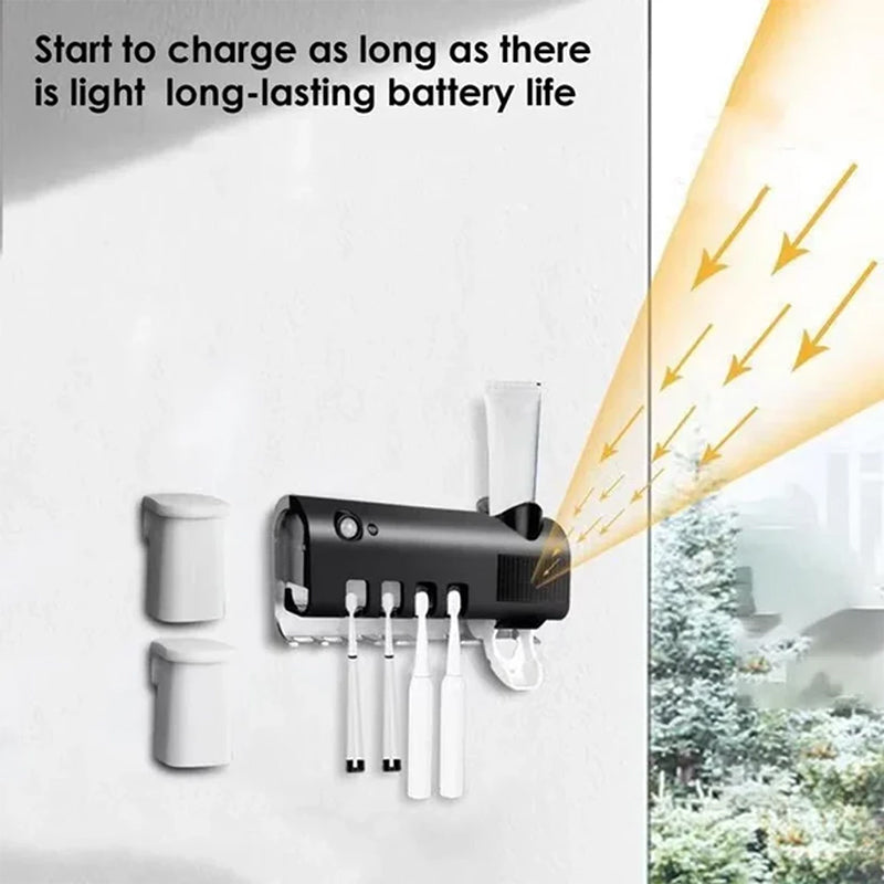 Hygienischer UV-Zahnbürstenhalter mit Sterilisationsfunktion und Zahnpastaspender für Sauberkeit.