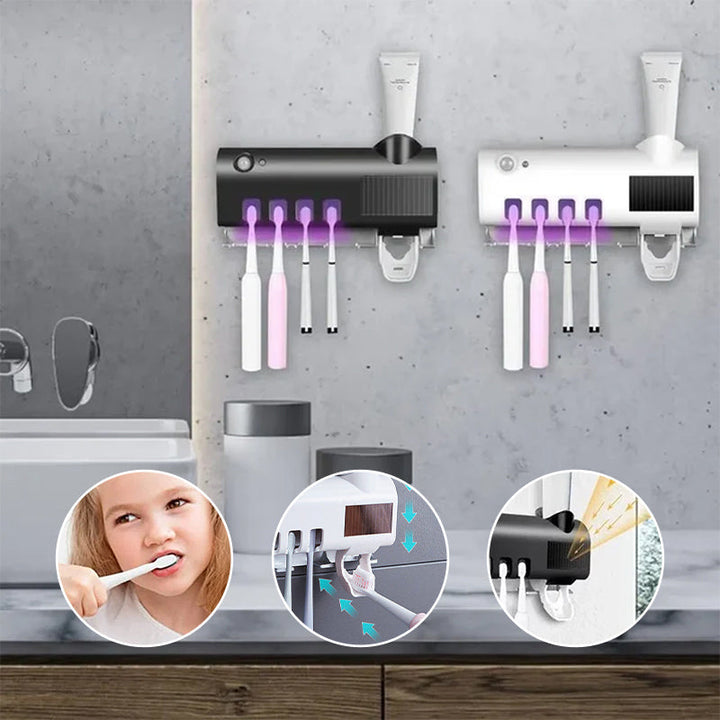Smarter UV-Zahnbürstenhalter mit Desinfektion, Zahnpastaspender und Solar/USB für moderne Badhygiene.
