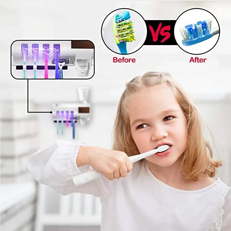 Eleganter UV Zahnbürsten Sterilisator mit Spender zur Wandmontage, optimiert Hygiene & Platz im Familienbad.