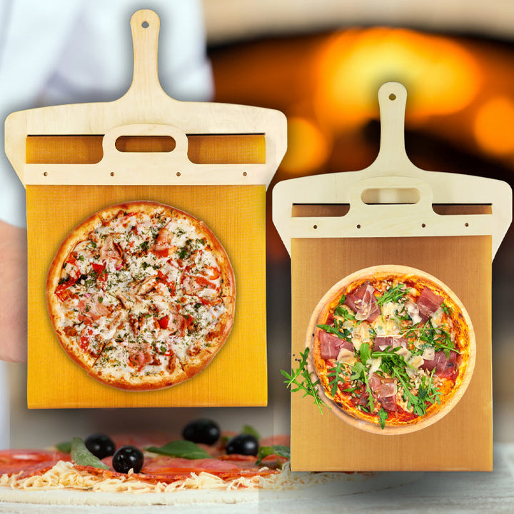 Hochwertiger Pizzaschieber aus Birkenholz, ideal für Pizzen. Küchenhelfer mit Schiebemechanismus.