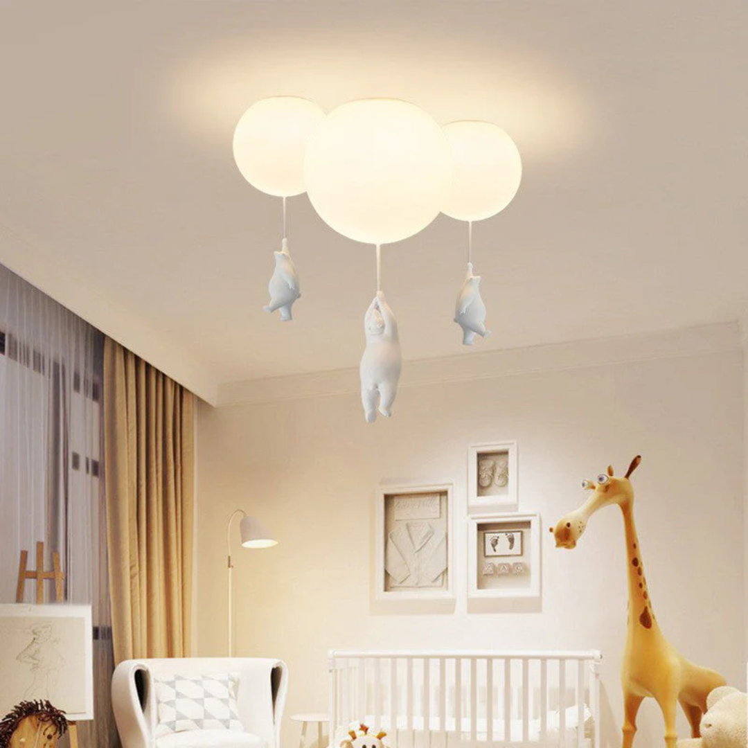 Deckenleuchte Bär mit fliegenden Luftballons, ideal für die Schlafzimmerbeleuchtung im Kinderschlafzimmer.