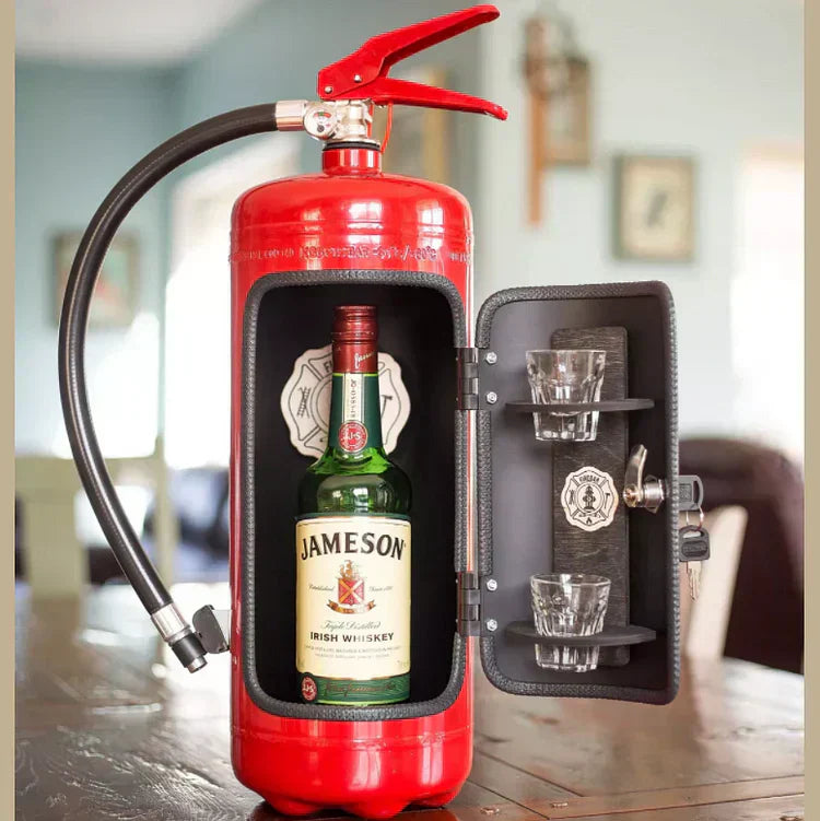 Einzigartiger Feuerlöscher als Mini-Bar und Geheimfach für Spirituosen, kreatives Wohnaccessoire und Männerzimmer-Gadget.