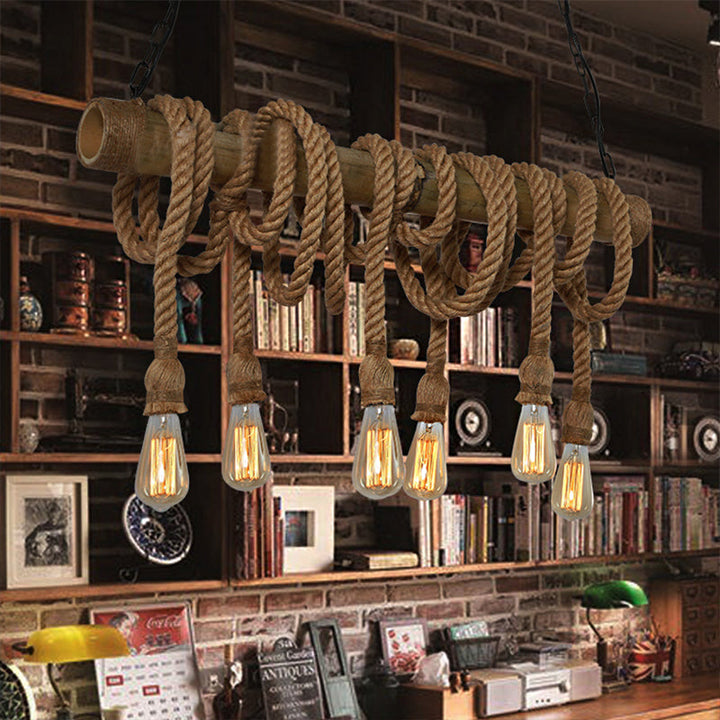 Bambuslampe industriell verstellbar, Naturdesign für Esszimmer und Küche.