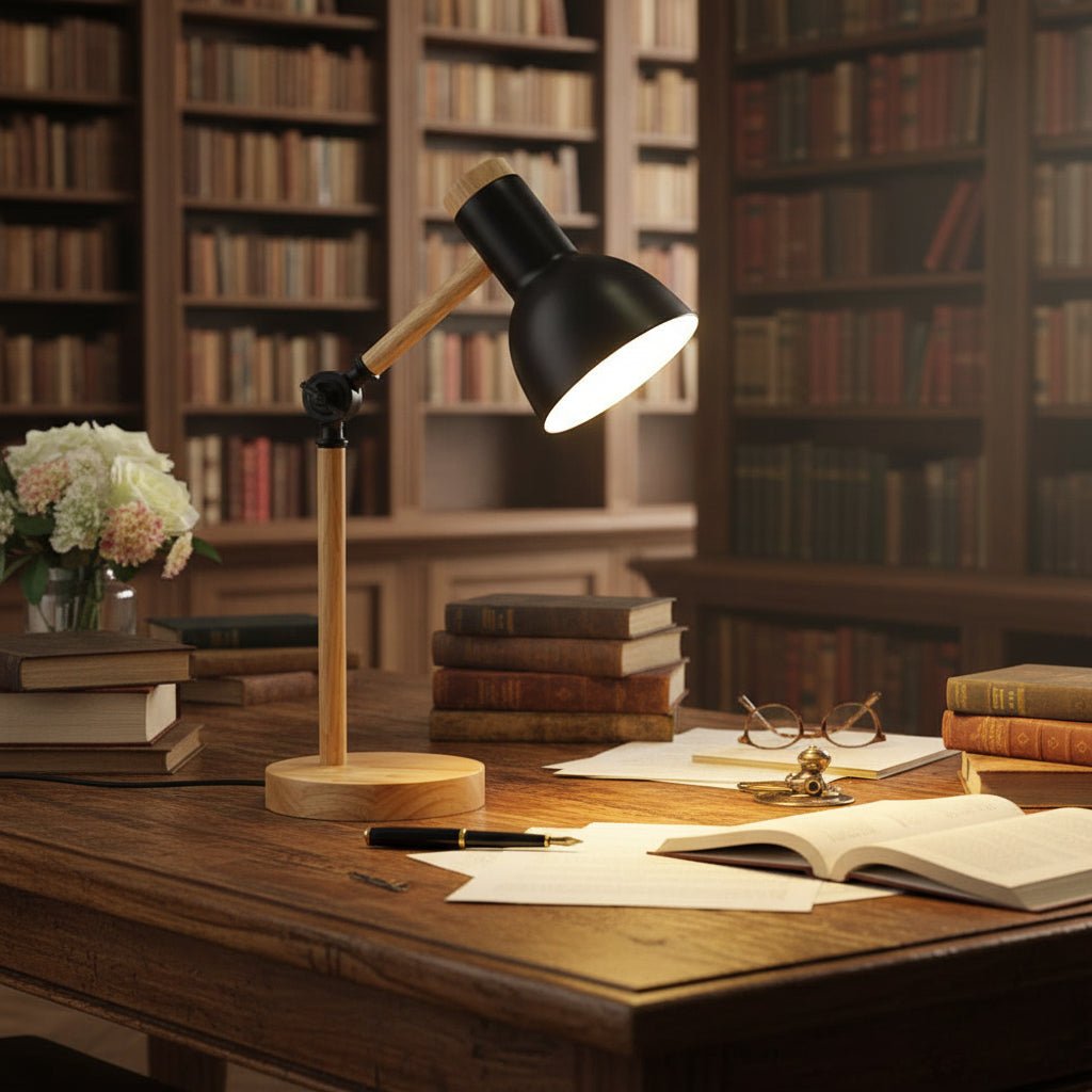 Elegante Holz-Tischlampe, skandinavisches Design. Verstellbar für perfekte Beleuchtung am Schreibtisch oder Nachttisch.