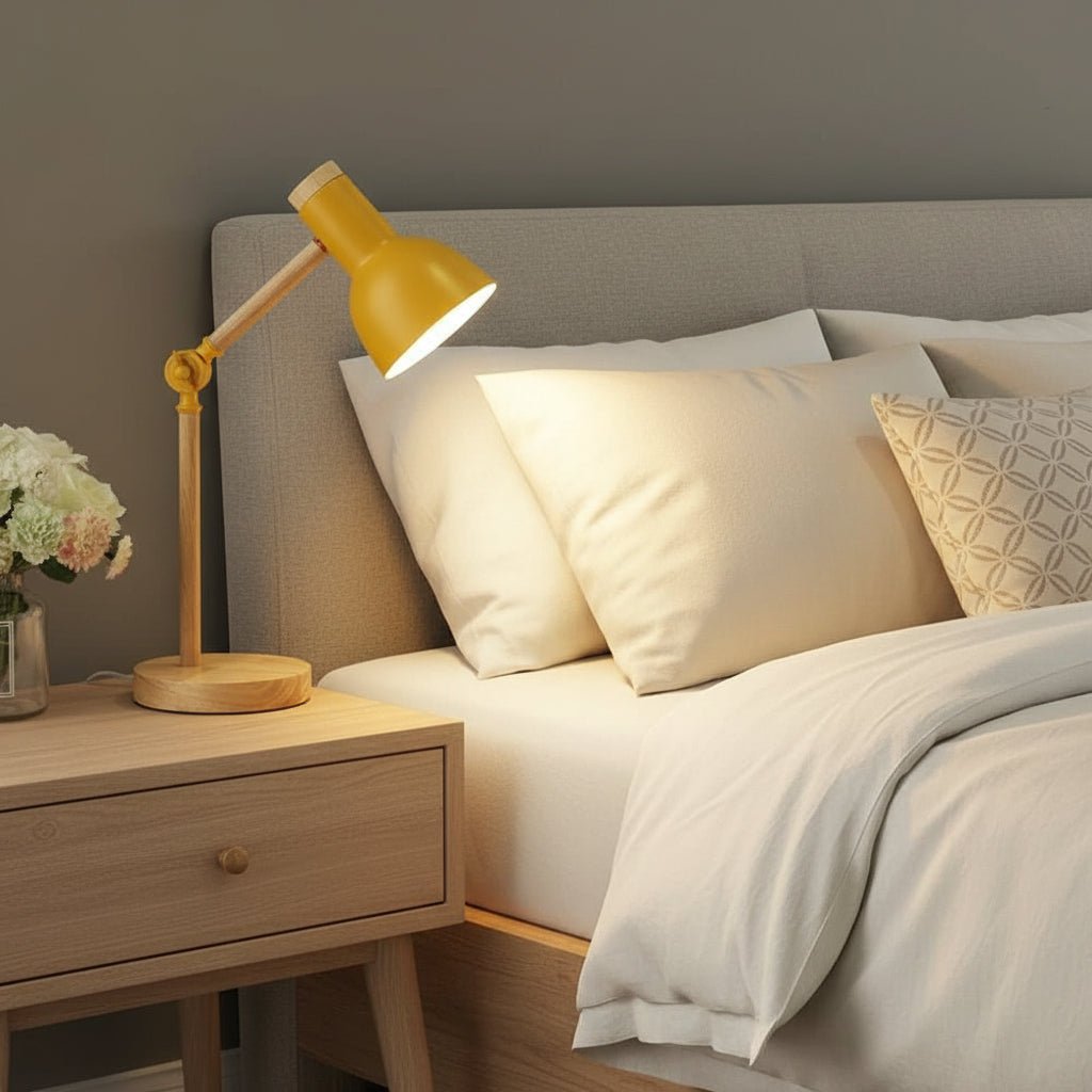 Flexible LED-Schreibtischlampe aus Holz, skandinavisch. Individuell einstellbar für helles Leselicht oder Akzentbeleuchtung.