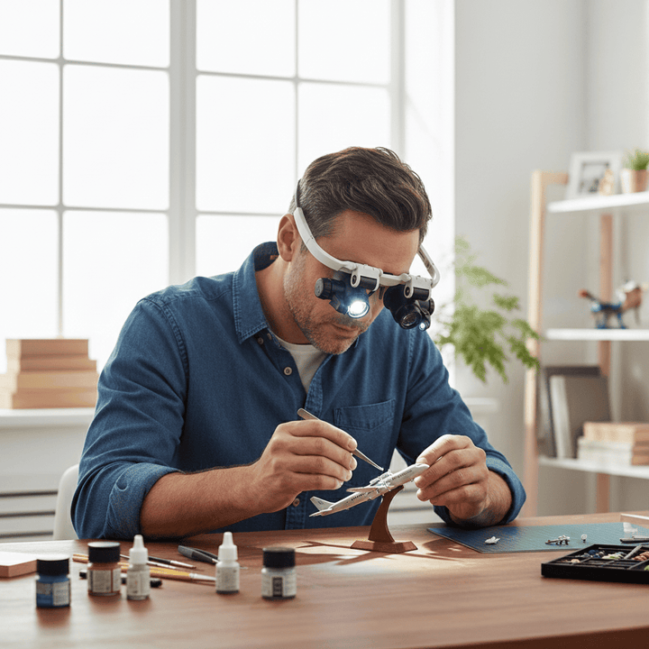 LED-Lupenbrille mit einstellbaren Linsen für Detailarbeit, Lesen & Feinmontage; ergonomisch & klar.