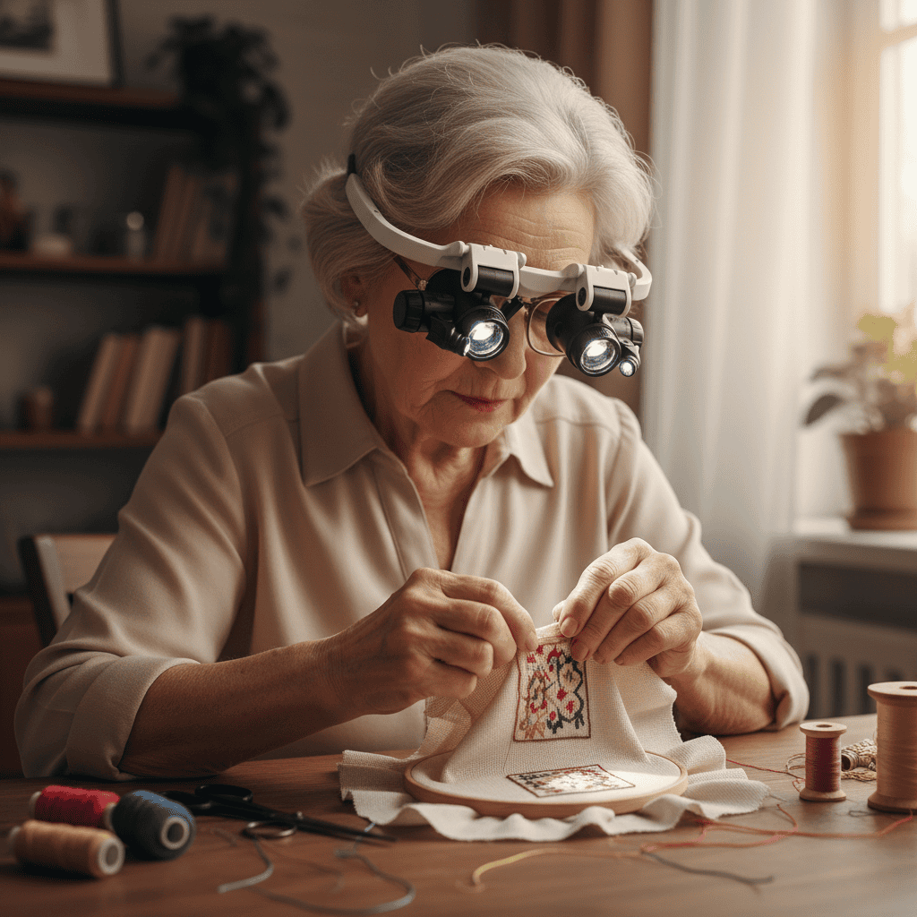 Freihändige LED-Lupenbrille für Hobby, Handwerk & Elektronik; vergrößert Details, helles Licht.