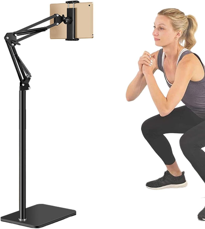 Verstellbarer 360° Handy- und Tablet-Bodenständer für freihändigen Gebrauch und optimale Ergonomie.