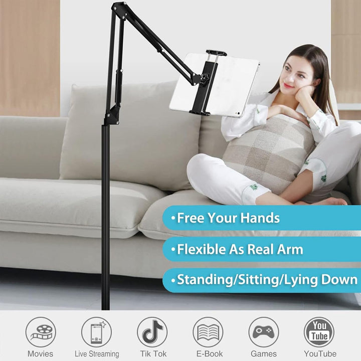 Robuster Metall-Bodenständer für Handy & Tablet, 360° drehbar und flexibel höhenverstellbar.