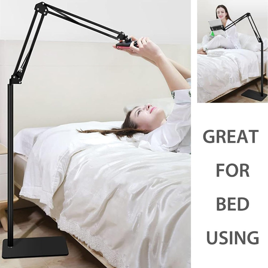 Flexibler Handy- & Tablet-Bodenständer mit 360° drehbarer Halterung und stabilem, verstellbarem Arm.