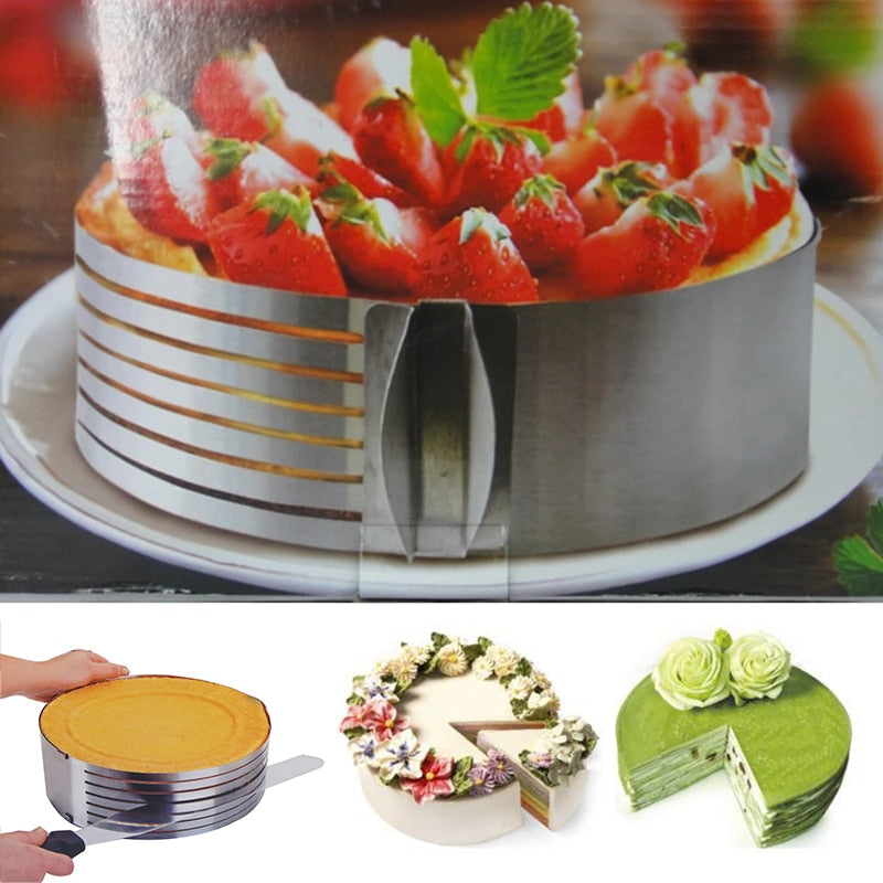 Robuster Edelstahl Tortenring mit verstellbarem Mechanismus zum präzisen Schneiden von Schichtkuchen.