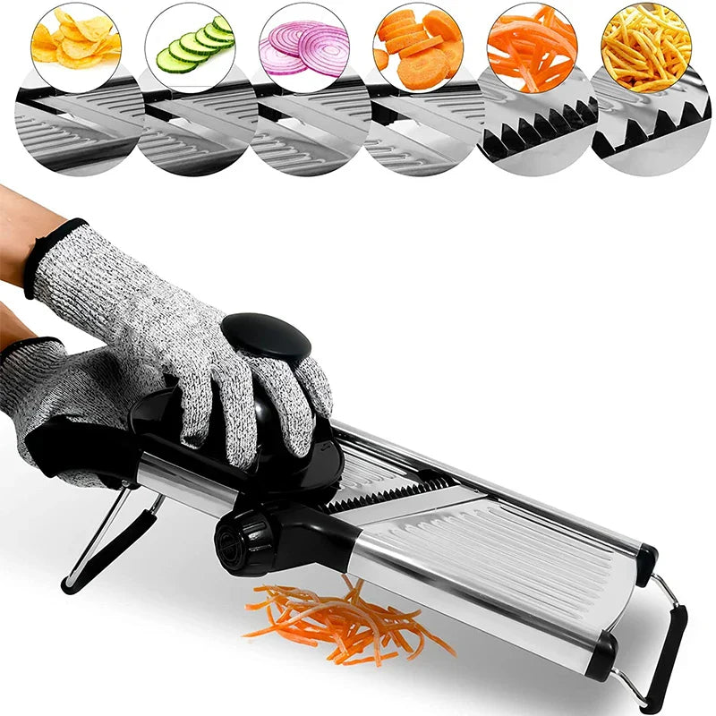 Verstellbarer Mandoline Gemüseschneider mit scharfen Edelstahlklingen für präzise Profi-Schnitte von Gemüse und Obst.