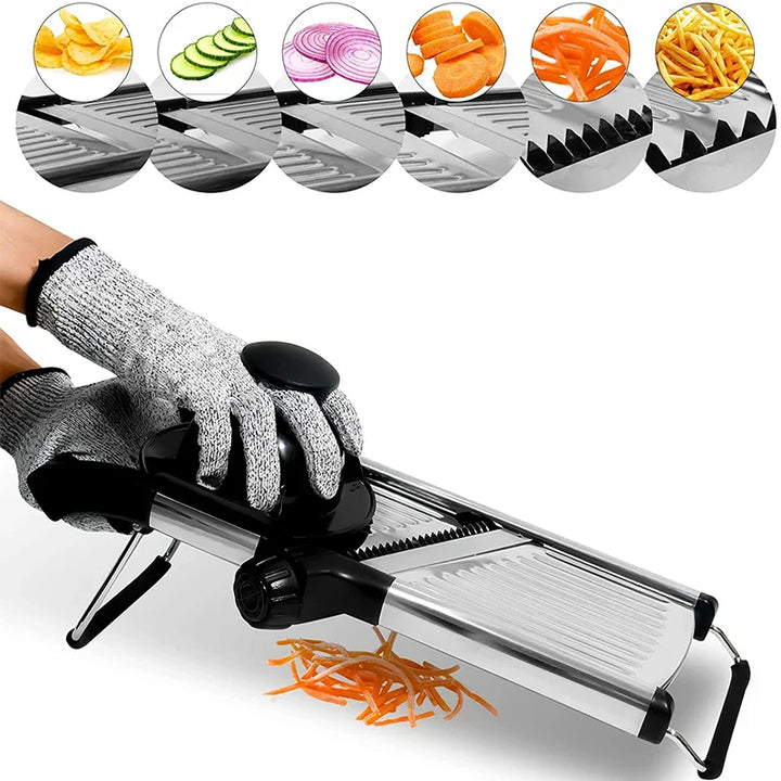 Verstellbarer Mandoline Gemüseschneider mit scharfen Edelstahlklingen für präzise Profi-Schnitte von Gemüse und Obst.