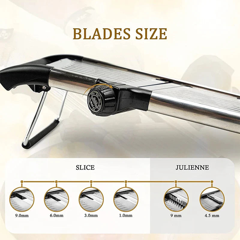 Präzisions Mandoline Gemüseschneider mit einstellbaren Edelstahlklingen für perfekte Scheiben & Streifen.