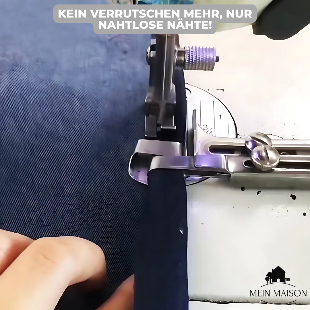 Robuster Rollsaumfuß, verstellbar für verschiedene Stoffarten, sorgt für einfache & professionelle Säume.