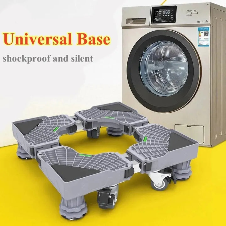 Robuster Rollunterbau aus Edelstahl für Waschmaschine, Trockner und Kühlschrank, mit feststellbaren Rädern.