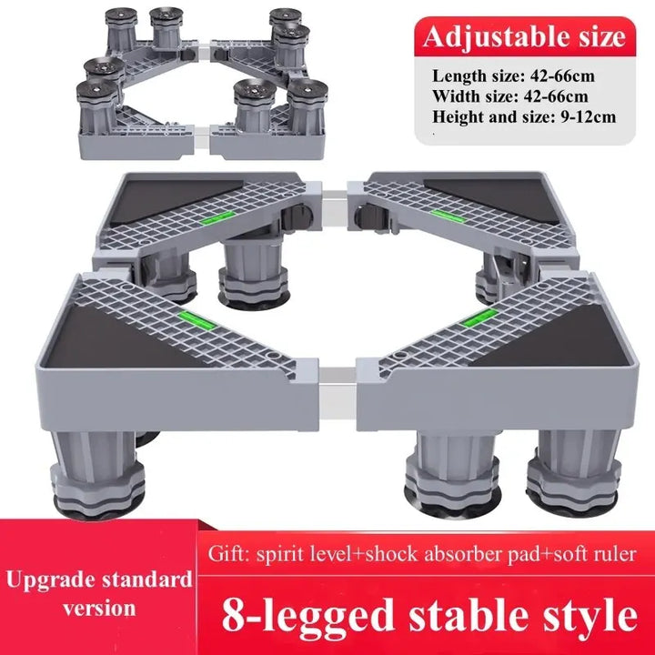 Multifunktionaler Rolluntersatz, verstellbar für verschiedene Haushaltsgeräte, aus robustem Edelstahl gefertigt.