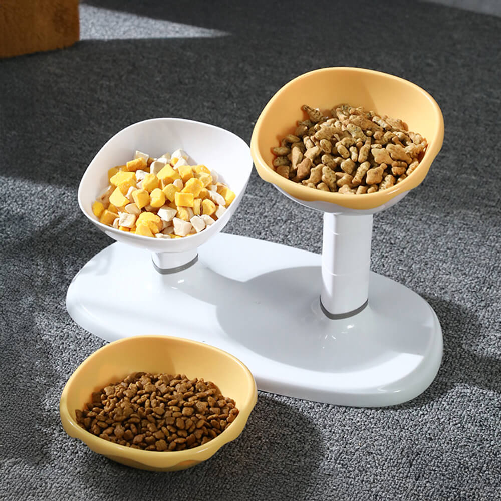 Ergonomischer, höhenverstellbarer Doppelnapf für Haustiere, schont Nacken & Gelenke beim Fressen.