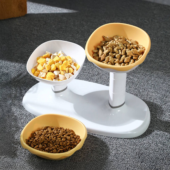 Ergonomischer, höhenverstellbarer Doppelnapf für Haustiere, schont Nacken & Gelenke beim Fressen.