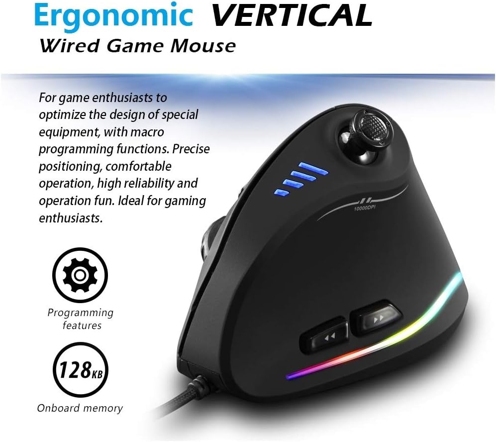 Spieler nutzt vertikale RGB Gaming Maus mit Joystick. Hohe DPI & präzise Steuerung für intensives Gaming.
