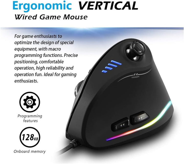 Spieler nutzt vertikale RGB Gaming Maus mit Joystick. Hohe DPI & präzise Steuerung für intensives Gaming.