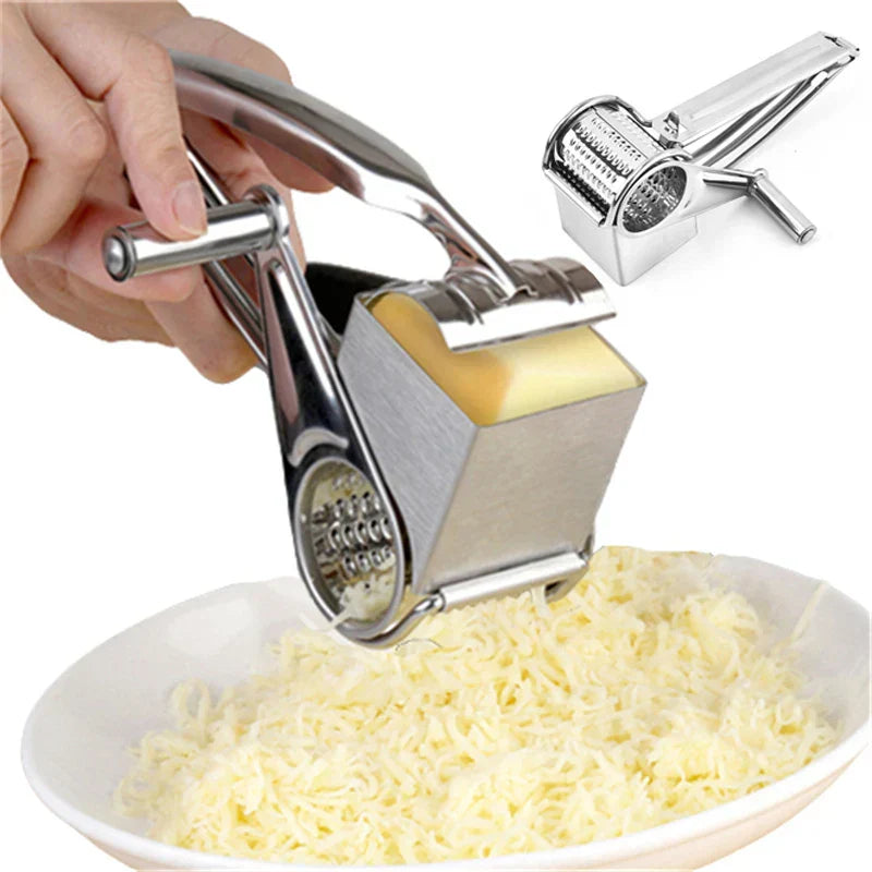 Vielseitige drehbare Käsereibe aus Edelstahl für Käse, Gemüse und Nüsse in der modernen Küche.