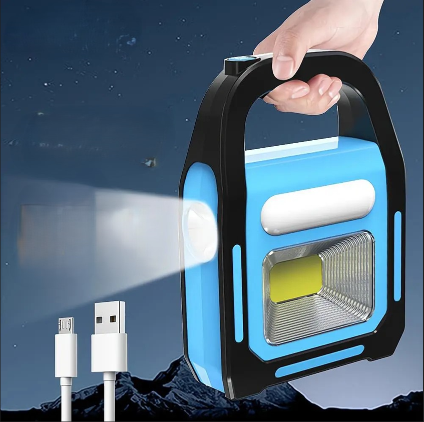Vielseitige USB-Campinglaterne mit Solarfunktion und integrierter Powerbank für Outdoor-Abenteuer.