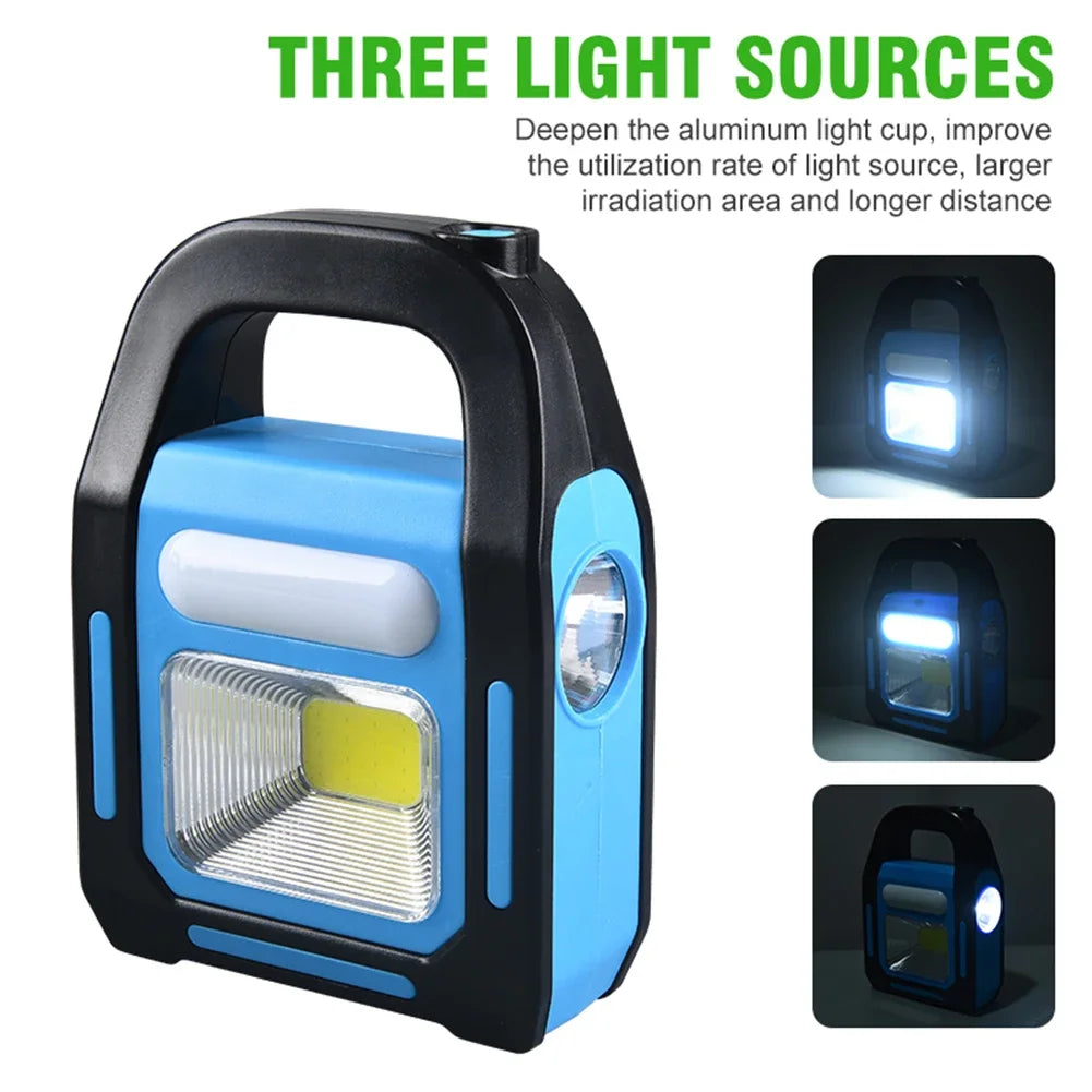 Robuste USB-Campinglaterne mit Powerbank und Solarpanel, unverzichtbar beim Camping und Wandern.