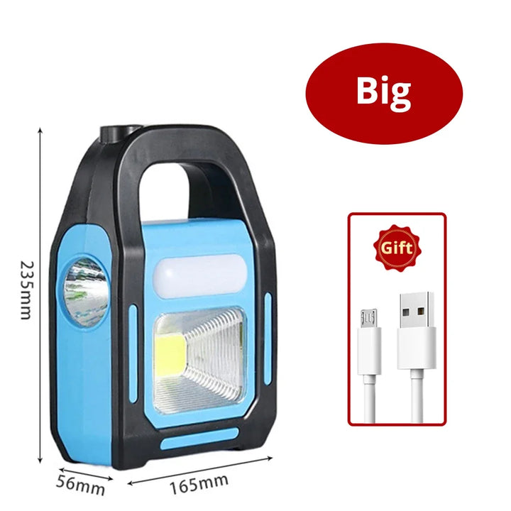 Kompakte, wiederaufladbare LED-Campinglaterne mit USB-Powerbank und Solarpanel für Outdoor-Einsatz.