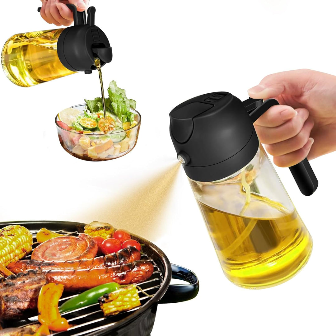 Vielseitiger 2-in-1 Ölsprüher & Spender 470ml aus Glas für Küche, Kochen & Grillen. Gesunde Öldosierung.