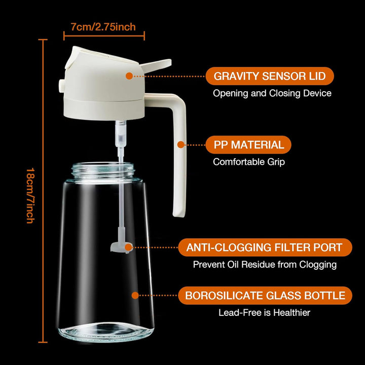 Multifunktionaler Ölsprüher & Spender 470ml für Olivenöl & Essig. Glasflasche, perfekt für die Küche.