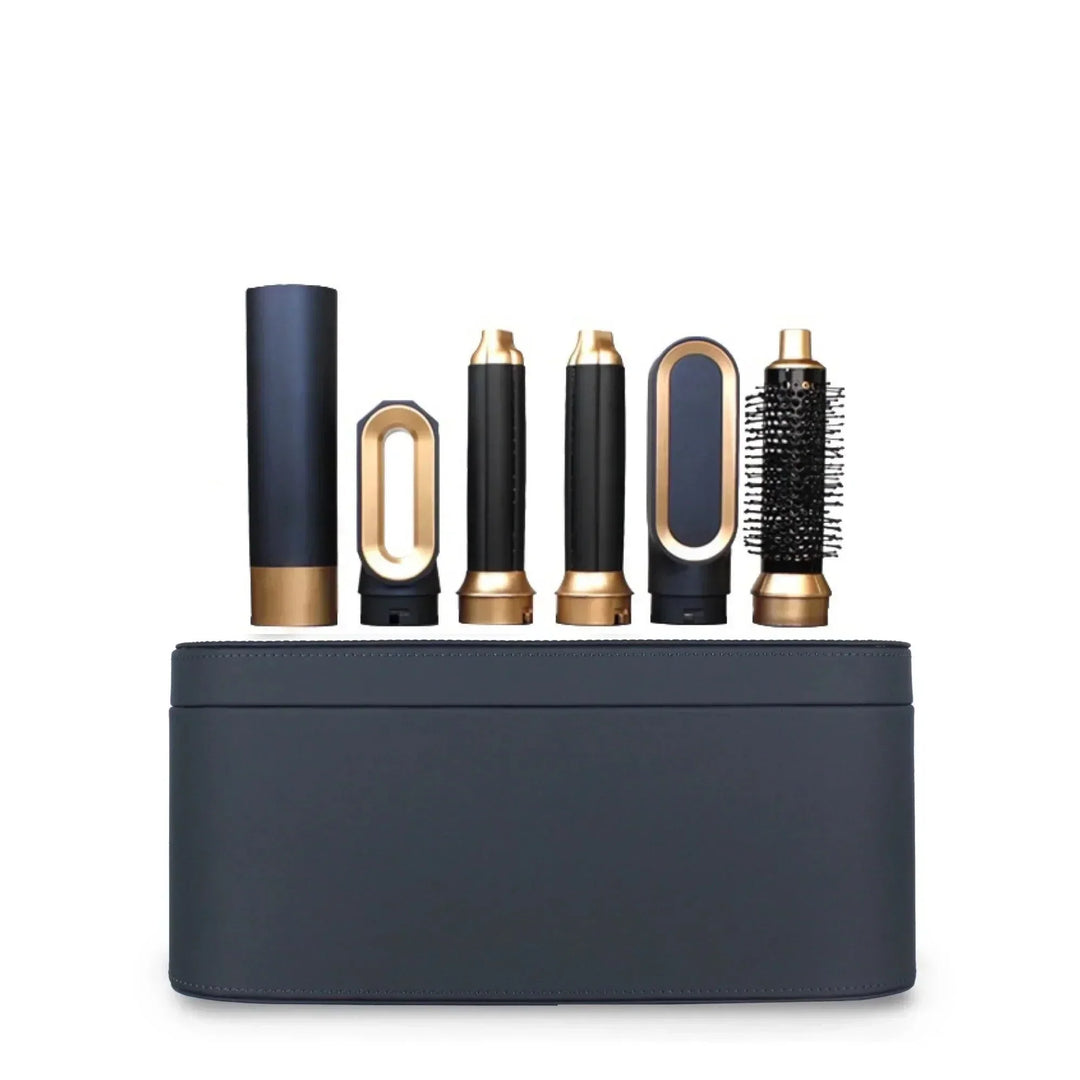 Eleganter 5-in-1 Multistyler mit verschiedenen Aufsätzen für Föhn, Lockenstab, Glätteisen & Volumenbürste.
